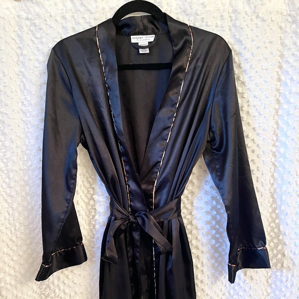 Black Satin Robe with Leopard Trim